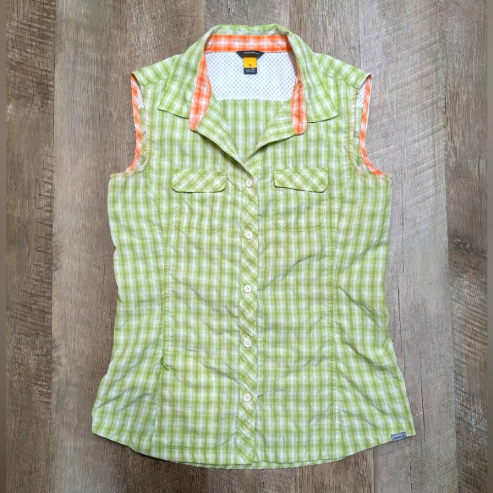Eddie Bauer Sleeveless Green and White Button Down Shirt women's XS